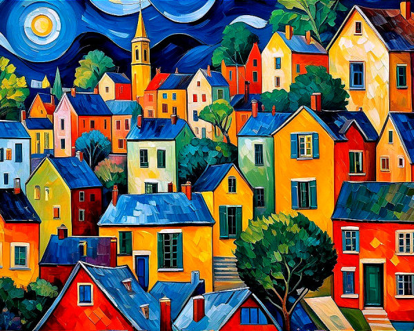 Colorful Village Scene with Vibrant Houses and Sky