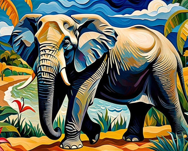 Colorful Elephant on a Sunny Beach with Tropical Plants