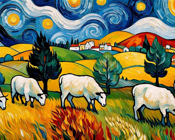 Impressionistic Landscape with Rolling Hills and Sheep