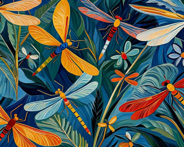 Vibrant Illustration of Dragonflies and Flowers