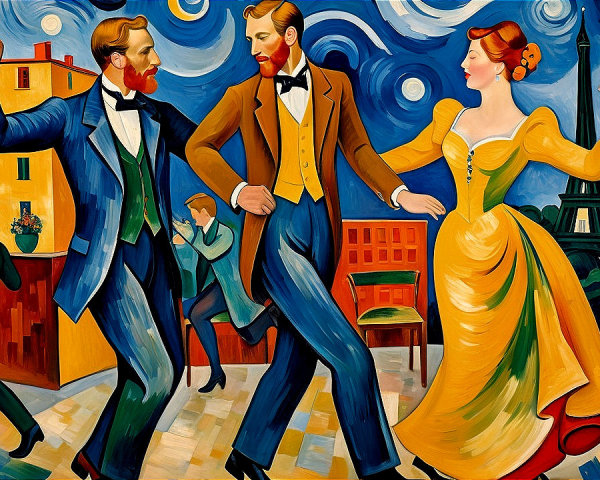 Vibrant Dance Scene with Parisian Backdrop