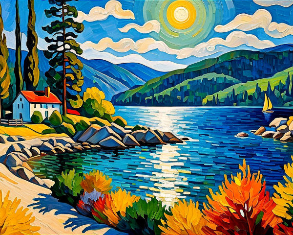 Vibrant Landscape Painting of Lake and Mountains