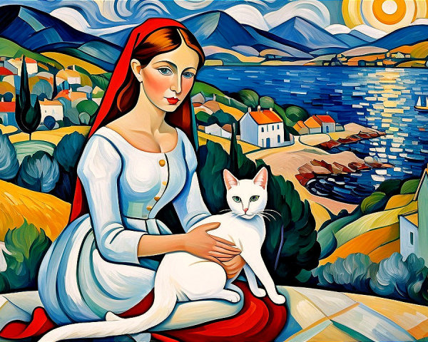 Cubist and Fauvist Style Woman with Cat in Landscape