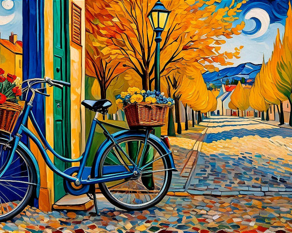Autumn Scene with Bicycle and Colorful Flowers