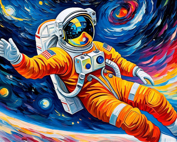 Astronaut in Orange Suit Surrounded by Cosmic Galaxies
