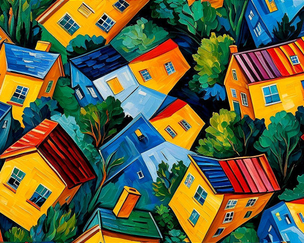 Colorful Abstract Painting of Whimsical Houses