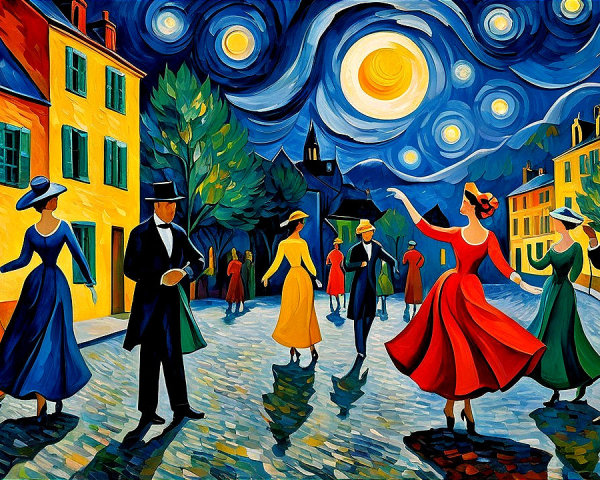 Impressionistic Night Scene in a European Town Square