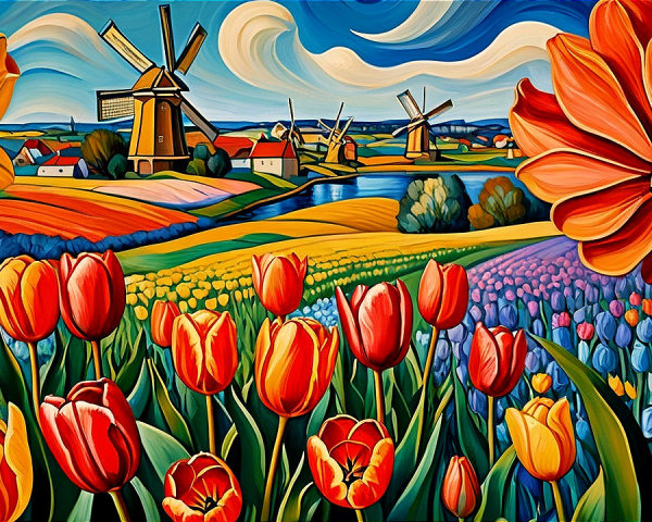 Vibrant Landscape with Colorful Tulips and Windmills