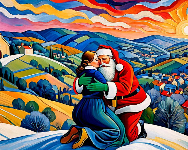 Modern Impressionist Painting of Santa Claus Embracing Woman
