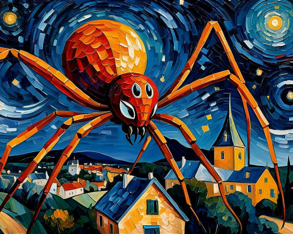 Surreal Night Scene with Whimsical Spider and Stars