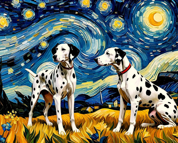 Dalmatian Dogs in a Starry Night Landscape