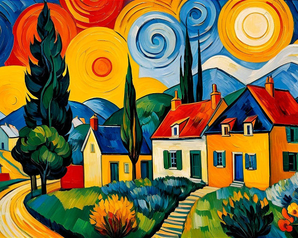 Vibrant Fauvist Painting of a Rural Village Landscape