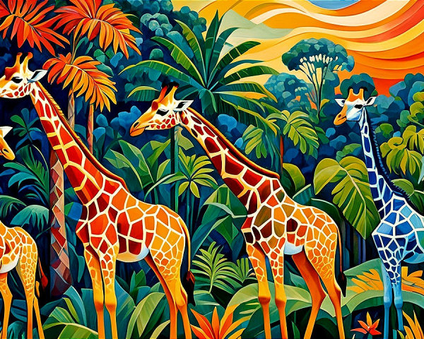Colorful Giraffes in Tropical Foliage Artwork