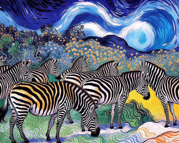 Surreal Zebras Grazing in a Colorful Landscape