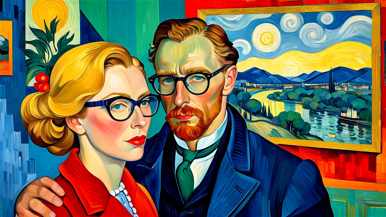 Vibrant Portrait of a Couple with Abstract Background