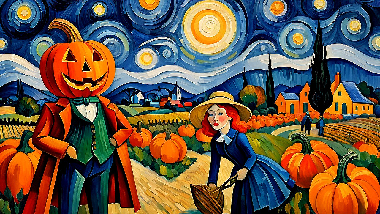 a colorful autumn landscape with swirling skies and falling leaves.