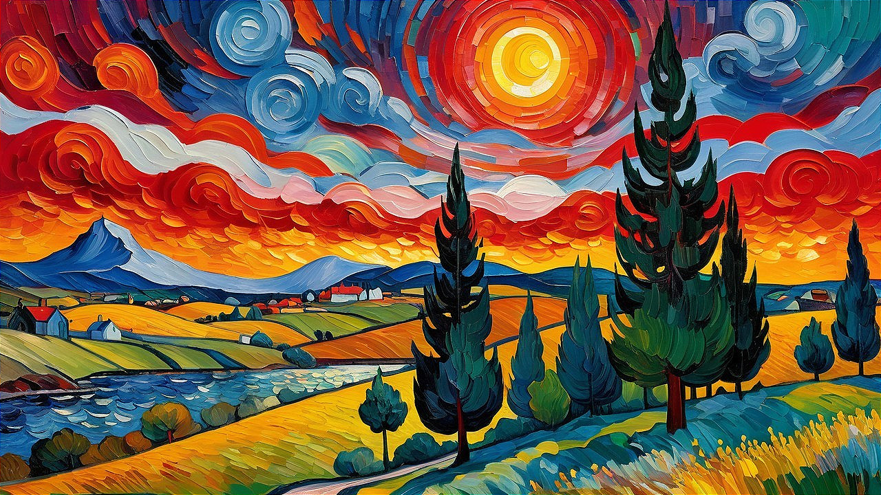 Vibrant Landscape Painting with Colorful Sky and Hills