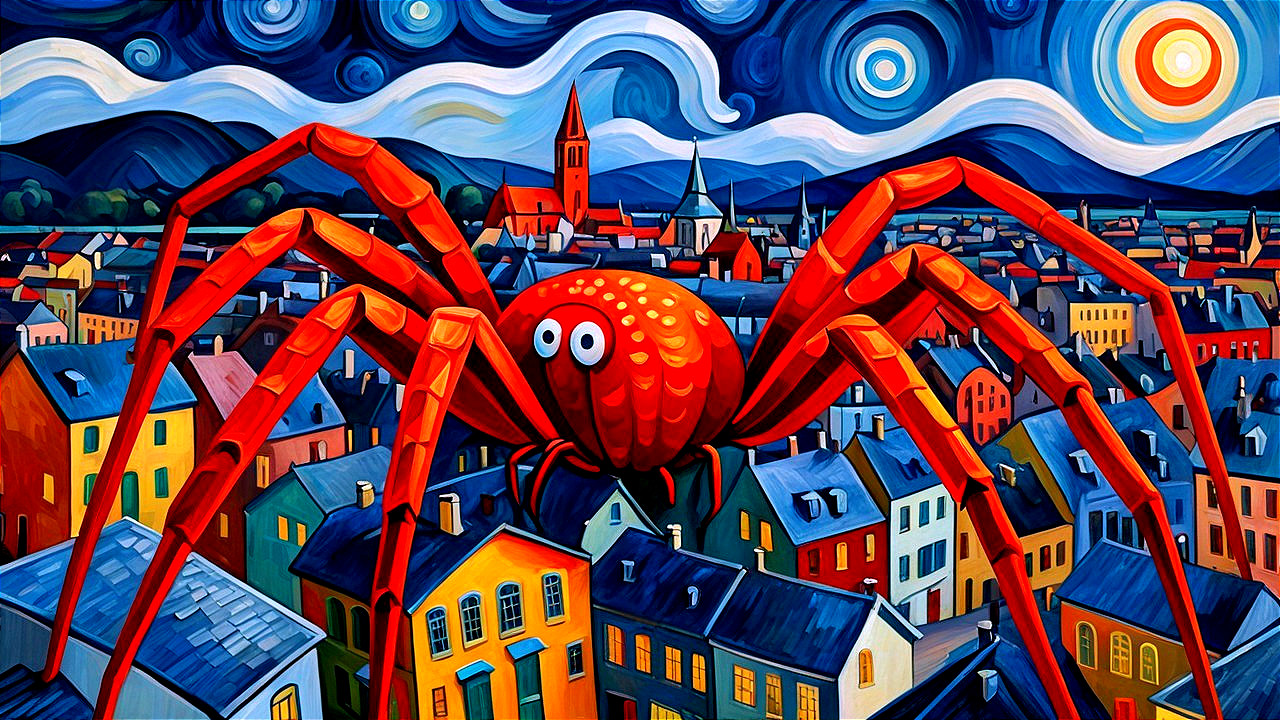 Cartoonish Red Spider Over Colorful Cityscape Scene
