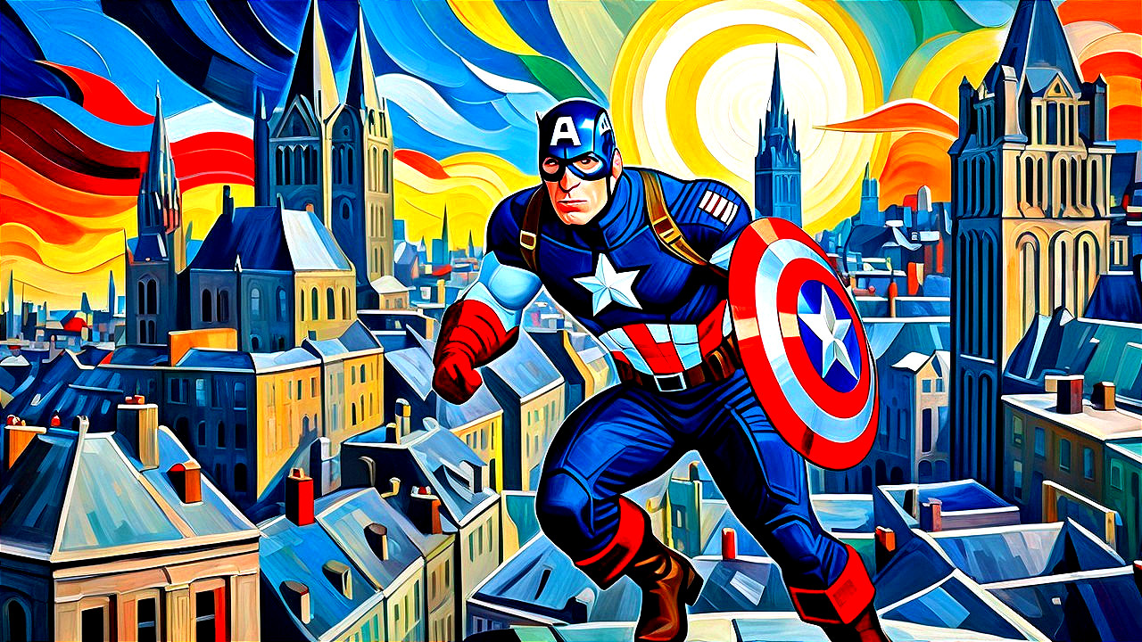 Heroic Figure in Blue Costume Against Colorful Backdrop