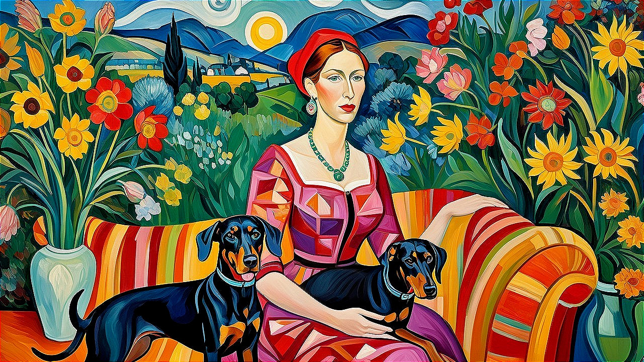 Vibrant Painting of Woman with Dachshunds and Flowers