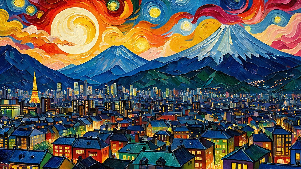 Vibrant Cityscape at Sunset with Mountains and Sun
