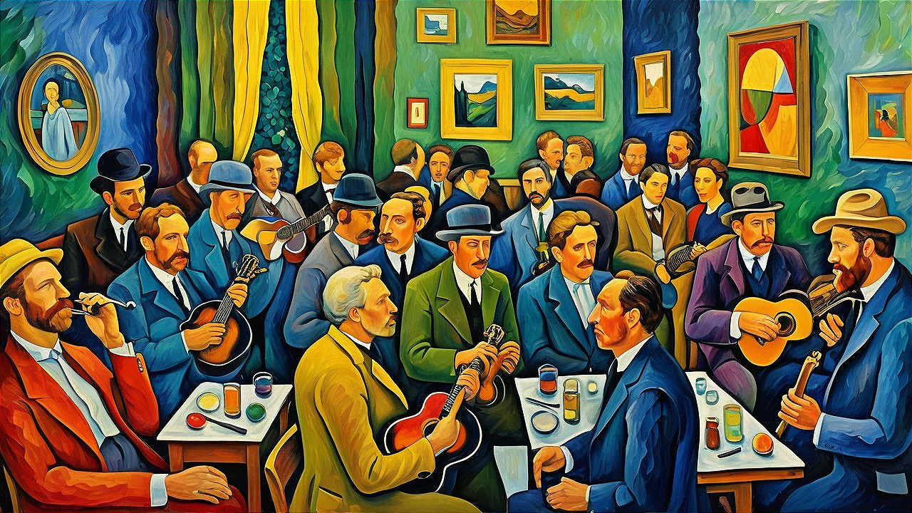 Lively Gathering of Men in a Colorful Room