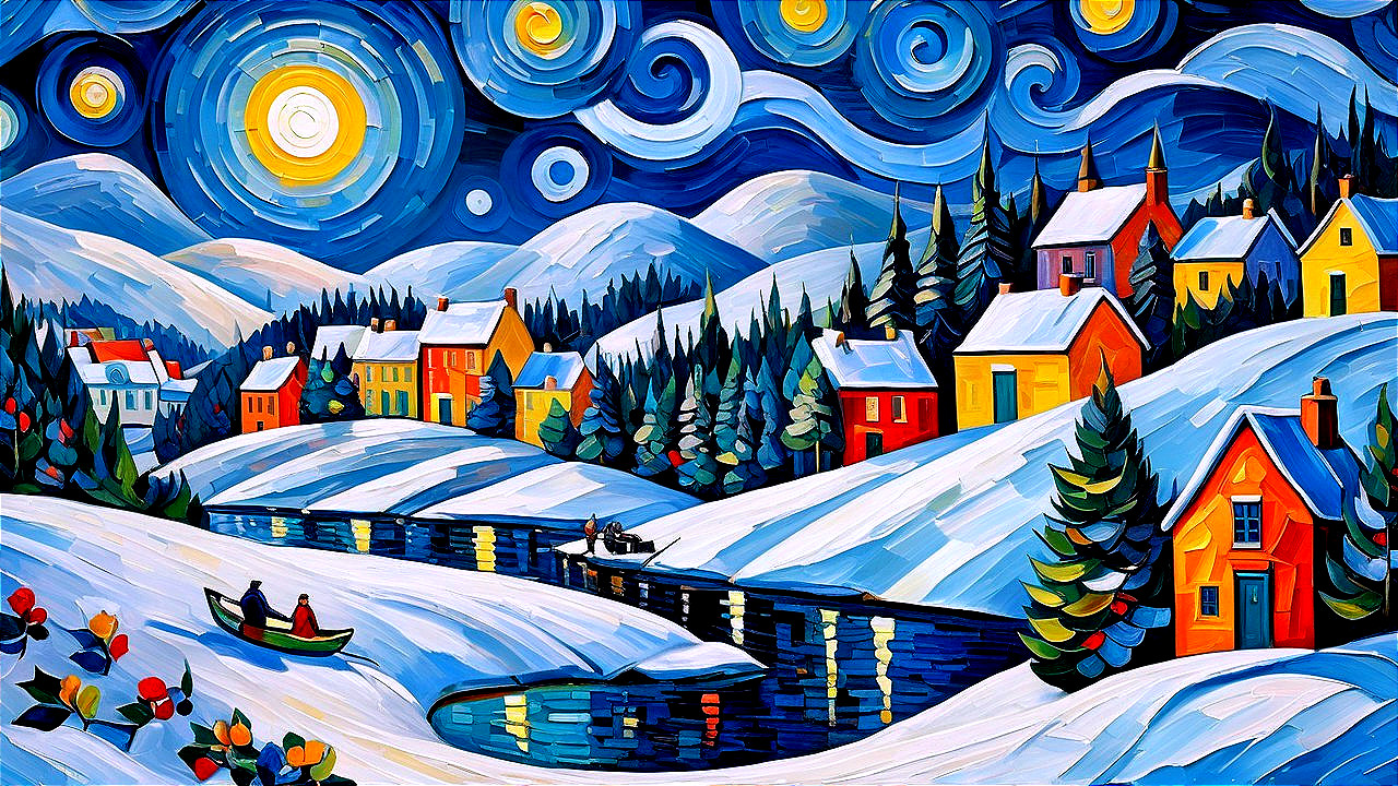 Impressionistic Painting of a Snowy Village Scene