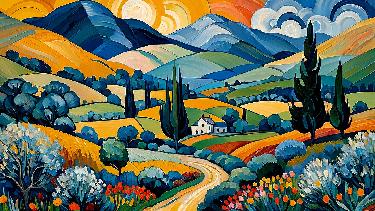 Vibrant Landscape with Hills, Trees, and Cottage
