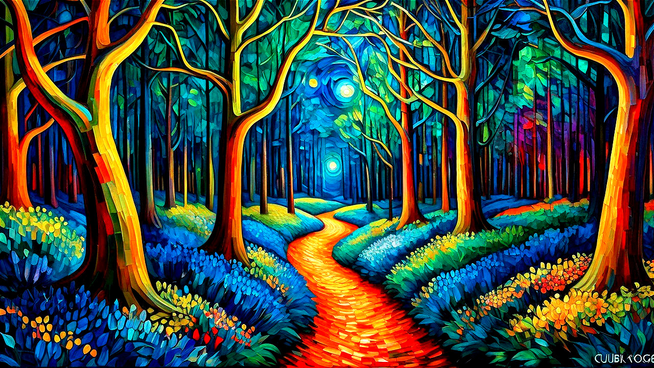 Vibrant Forest Scene with Ethereal Blue Light Pathway