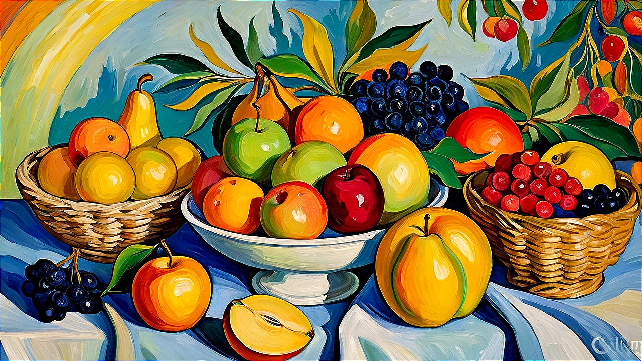 Cubist Still Life with Fruit on Striped Tablecloth