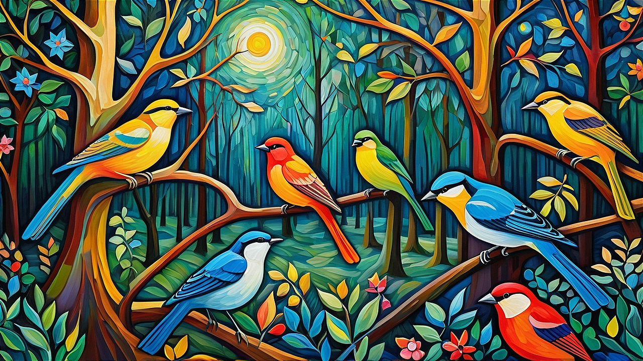 Colorful Birds Perched in a Lush Forest Scene