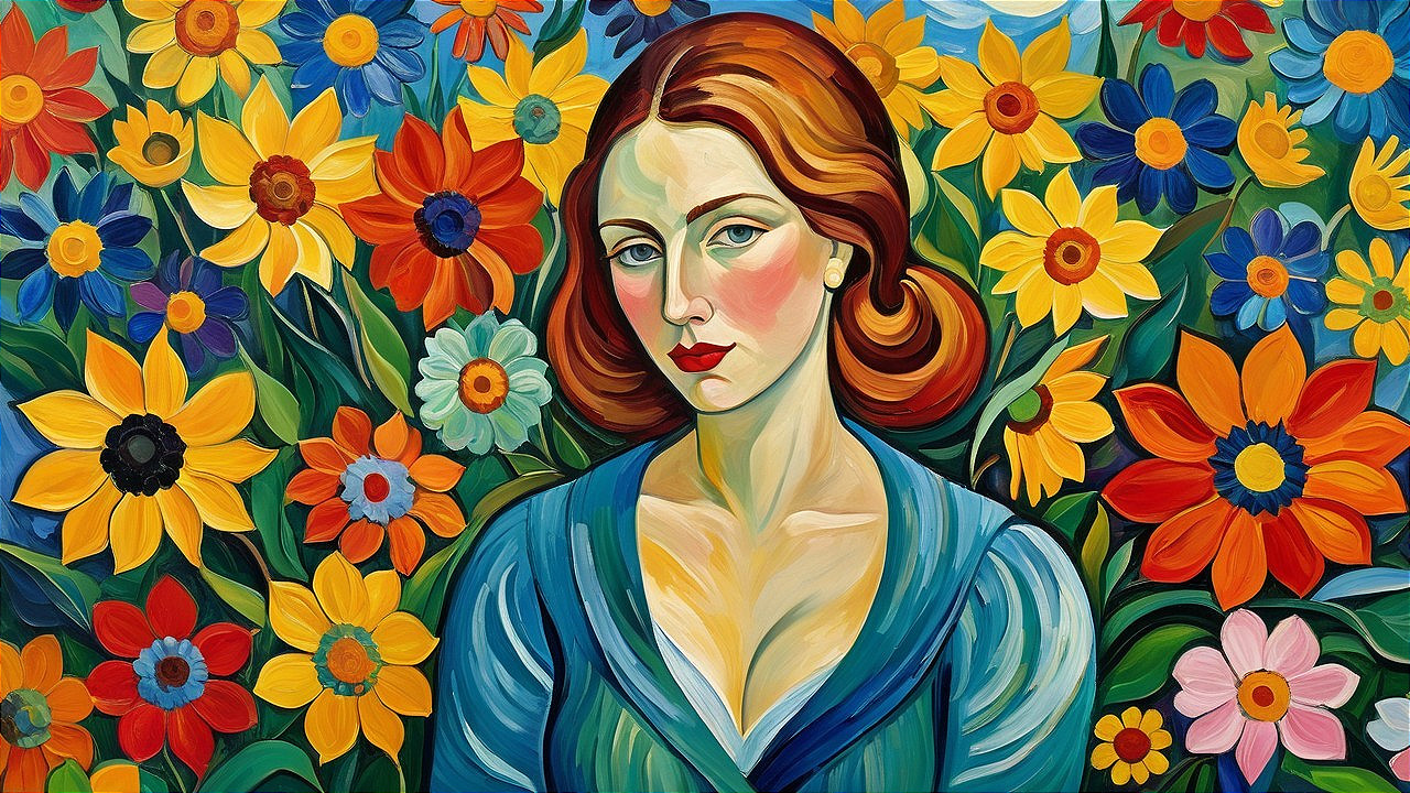Vibrant Portrait of Woman with Colorful Flower Background