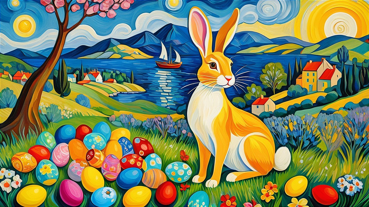 Vibrant Spring Scene with Rabbit and Easter Eggs