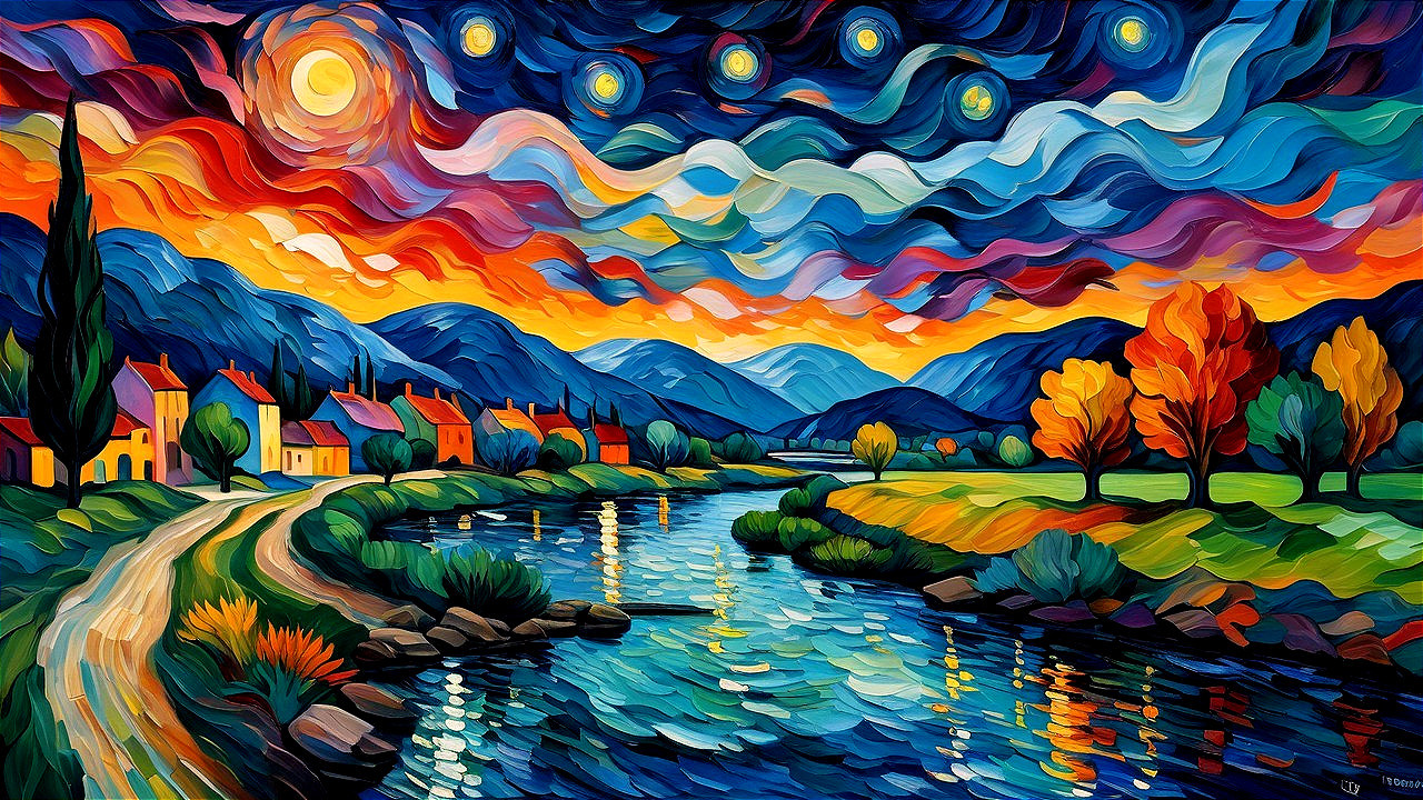Vibrant Landscape with Winding River and Colorful Hills