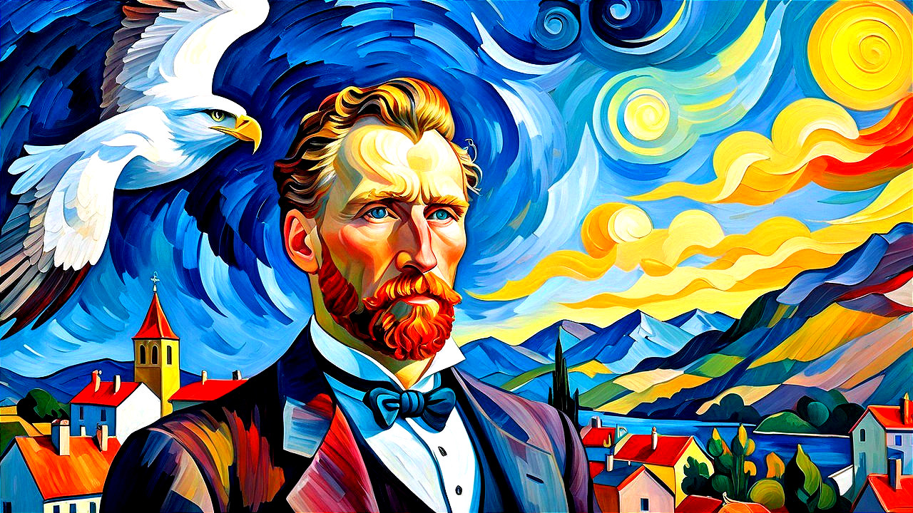Vibrant Portrait of a Man with Red Beard and Eagle