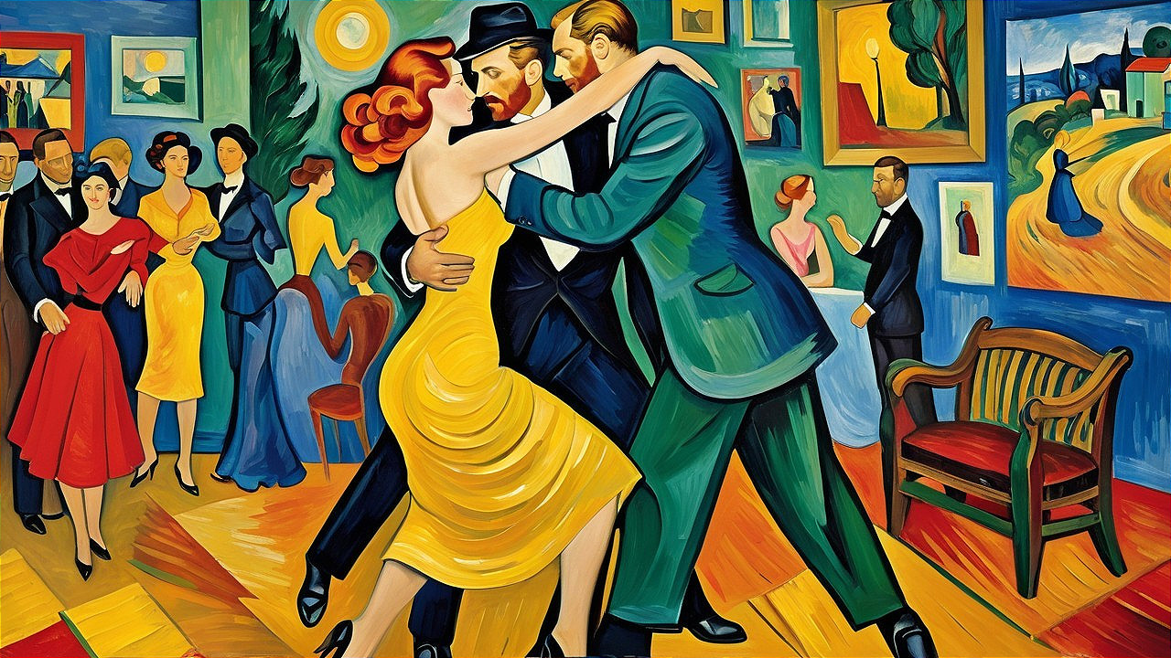 Vibrant Dance Scene in Colorful Gallery Artwork