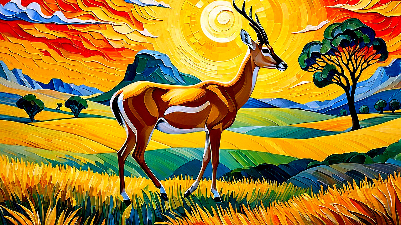 Vibrant Landscape with Antelope in Sunlit Meadow