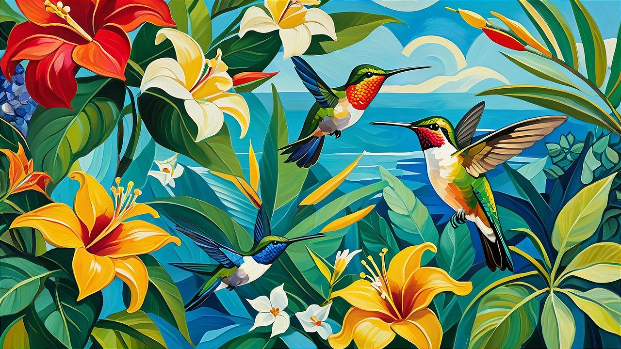 Tropical Scene with Hummingbirds and Vibrant Flowers