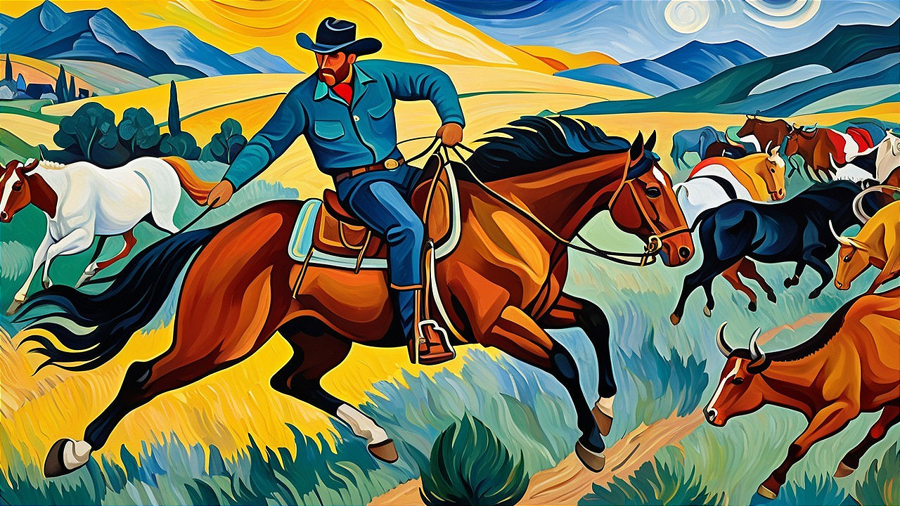 Cowboy Riding Horse Through Vibrant Rolling Landscape