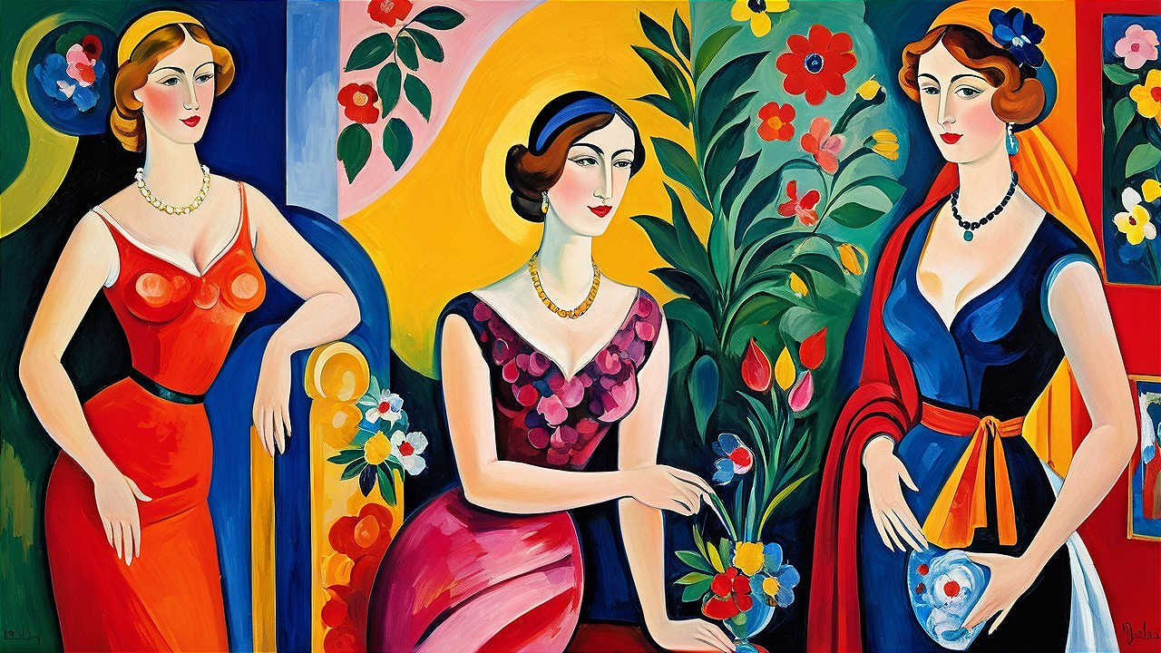 Elegant Women in Vibrant Floral Artwork