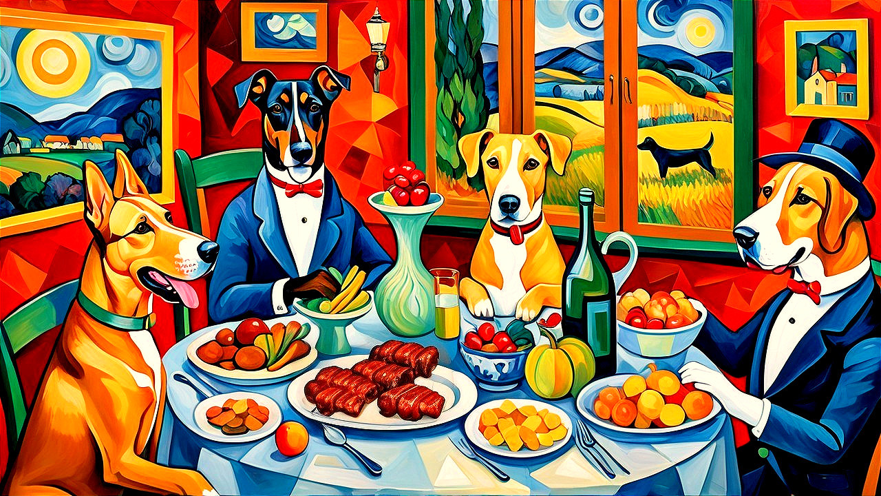 Whimsical Dinner Scene with Dogs in Formal Attire