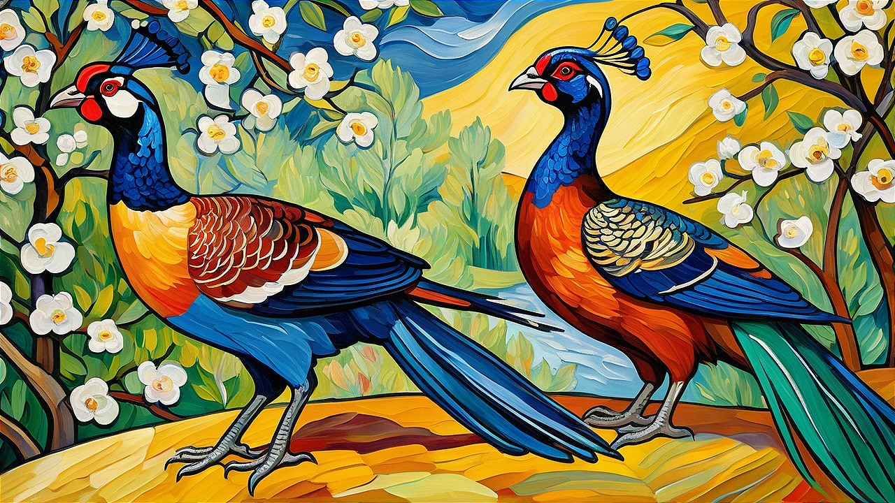 Vibrant Peacocks in a Colorful Natural Landscape