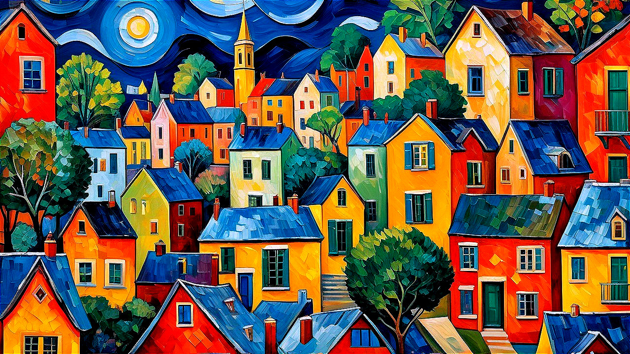 Colorful Village Scene with Vibrant Houses and Sky
