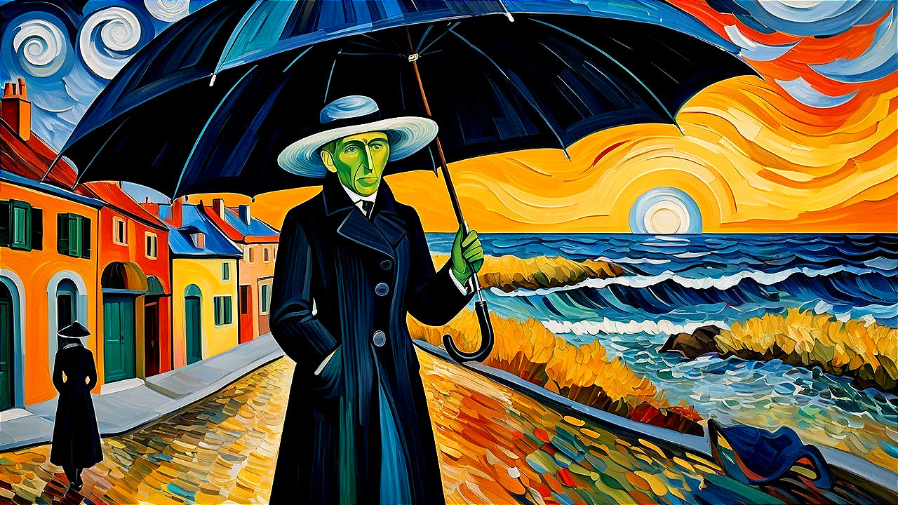Surreal Painting of a Green-Faced Man with Umbrella