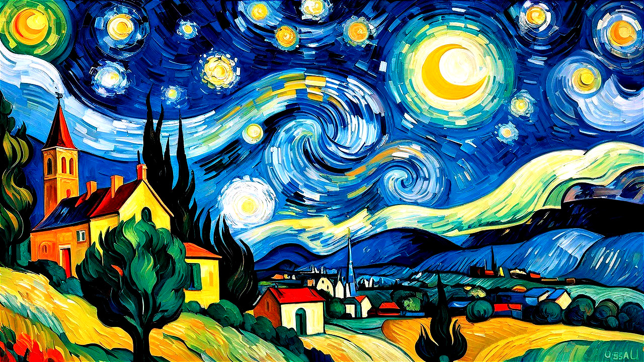 Swirling Night Sky with Stars and Moon Over Village