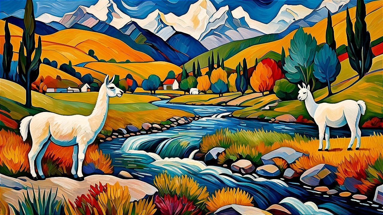 Vibrant Landscape with Llamas and Autumn Foliage