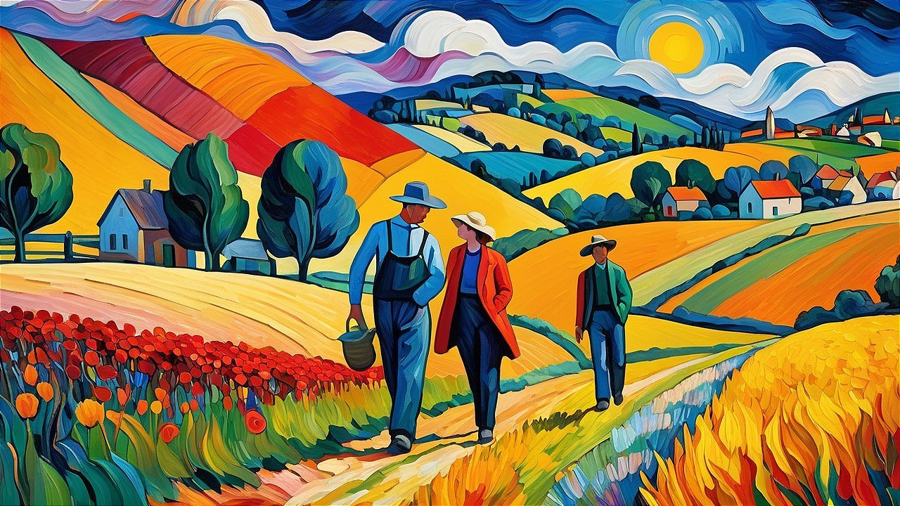 Vibrant Landscape with Figures and Scenic Pastoral Elements