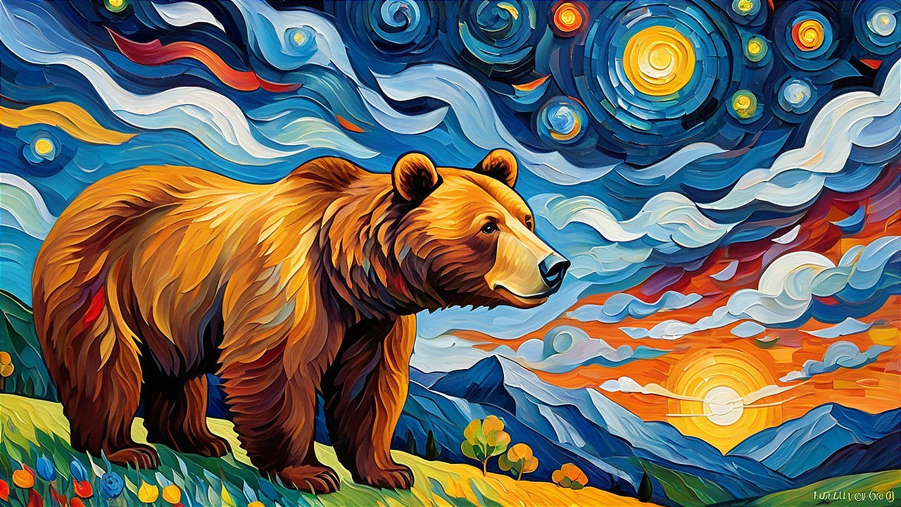 Vibrant Bear on Grassy Hill with Starry Sky Background