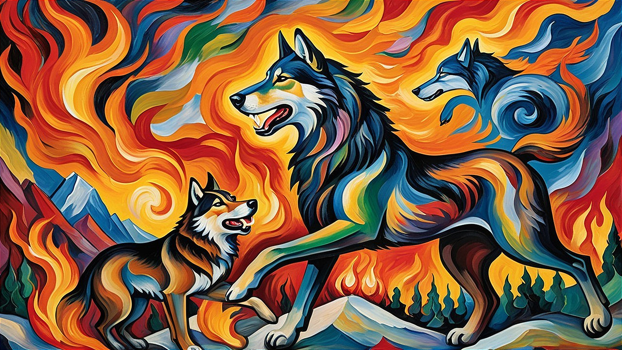 Vibrant Painting of Wolves in Fiery Landscape