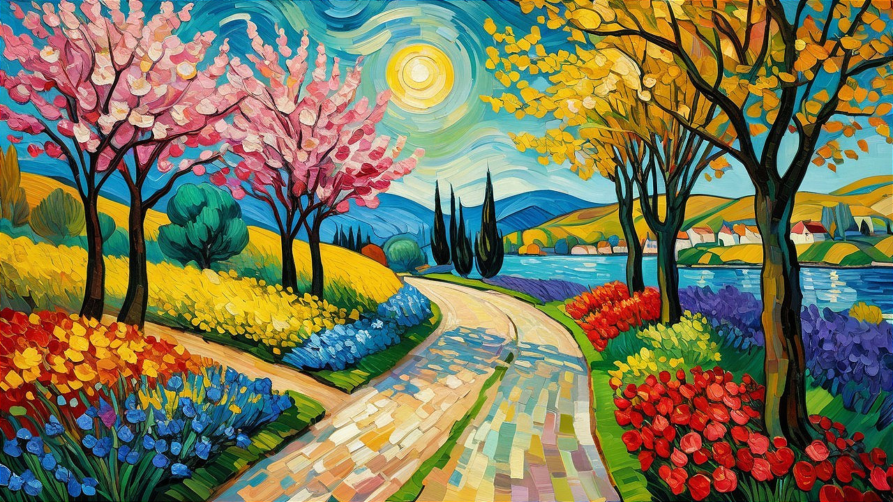 Vibrant Spring Landscape with Cherry Trees and River